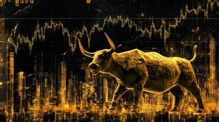 Canvas Print - Golden bull market symbol charging across a city skyline superimposed on a stock market graph.