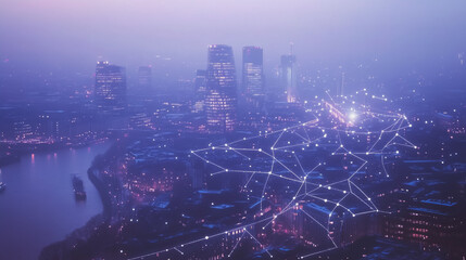 smart digital innovation city with connection network reciprocity over the twilight cityscape. of fu