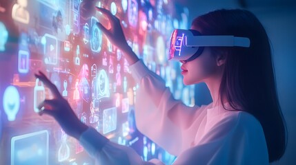 Woman interacts with a holographic virtual reality interface