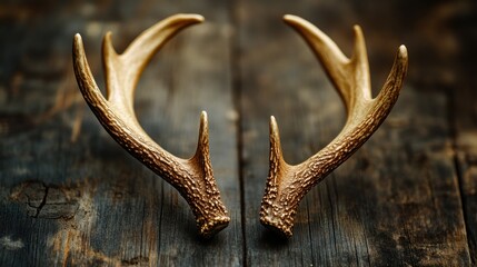 Antler pair, rustic wood, dark background, decoration