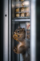 Wall Mural - A squirrel enjoys a snack from a vending machine. AI.