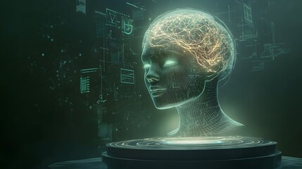 Wall Mural - Digital Head Illuminates Neural Network Connections