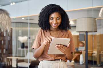 Aufkleber - Happy busy young African American professional business woman, female entrepreneur, smiling ethnic lady company employee or executive standing in office using digital tab working on financial project.