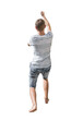 © psychoshadow - Rear view full length portrait of active young man pulling something imaginary or holding strong with hands lifted up isolated over transparent background