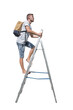 © psychoshadow - Man traveler climbing a ladder carrying a backpack looking away isolated on transparent background