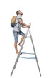 © psychoshadow - Side view full length portrait of a casual young man traveler climbing a ladder carrying a backpack looking up isolated over white background