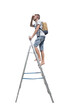 © psychoshadow - Side view full length casual man traveler climbing a ladder carrying a backpack looking away hand to forehead isolated on transparent background
