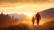 © Tondone - A silhouette of a parent and child walking hand in hand along a scenic path during sunset, surrounded by trees and mountains, creating a warm and peaceful atmosphere.