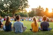 © Tondone - Group of young people sitting on grass, enjoying a sunset view at an outdoor event. Relaxed atmosphere with trees in the background.