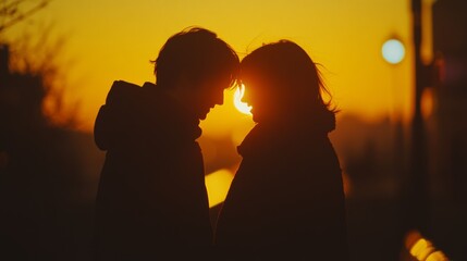 Wall Mural - Silhouettes of two figures in a sunset embrace, surrounded by nature’s golden glow, suggesting romance and tranquility.