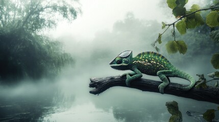 Poster - Green chameleon perched on a branch over a misty lake in a lush forest.