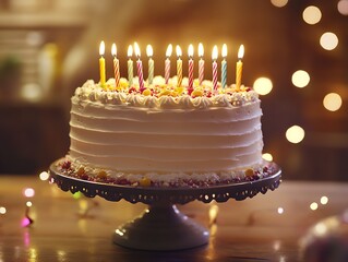 A close-up view of a decorated birthday cake with glowing candles, set atop an elegant cake stand. The soft glow of festive lights creates a warm and inviting atmosphere, ideal for a celebration.