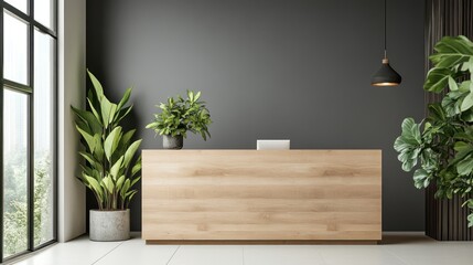 Wall Mural - Modern office reception desk, plants, large window, minimalist design, ideal for website