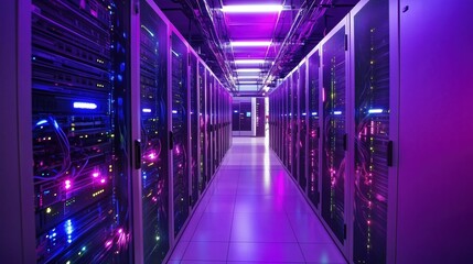 A futuristic server room presents an array of data nodes and luminous cables illuminating the corridor with bright colors, showcasing ultra-modern networking technology in a hyper-realistic setting