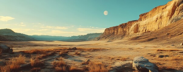 Majestic desert landscape under moonlit sky with sand dunes and cliffs