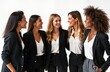 © Vadym - Group of happy businesswomen standing together. Smiling, laughing, showing teamwork, success. Diverse group of females. Business attire. Indoor setting. Formal, friendly. Success in business.