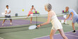 © JackF - Sportive slim woman with racquet playing pickleball in court. View from the back