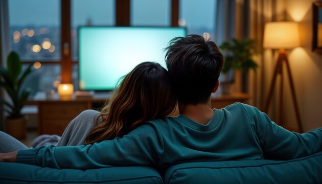 couple cuddles on sofa watching tv in cozy living room. city view from windows shows relaxed evening