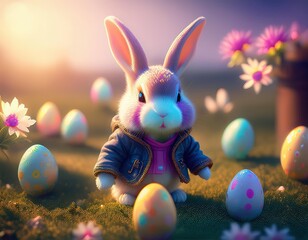 Wall Mural - Easter, Easter bunny sits in the grass between colorful, pastel-colored eggs, some of which are in a nest.