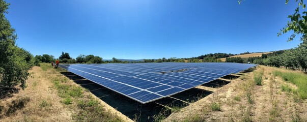 Expansive solar panel array in sunny rural landscape