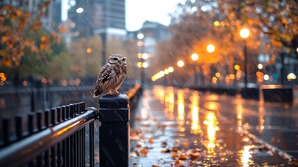 Wall Mural - An owl perches on a fence post in autumn during a downpour in an urban park at dusk