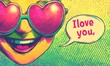 © Angelina - Halftone-colored poster displaying a giant, grinning love symbol with a 'love you' note in a bubble