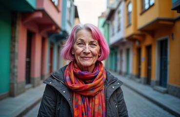 Wall Mural - Middle-aged woman with vibrant pink hair smiles outdoors. Wears colorful patterned scarf, dark jacket. Urban street setting with colorful buildings in background. Lifestyle photo fashion, urban