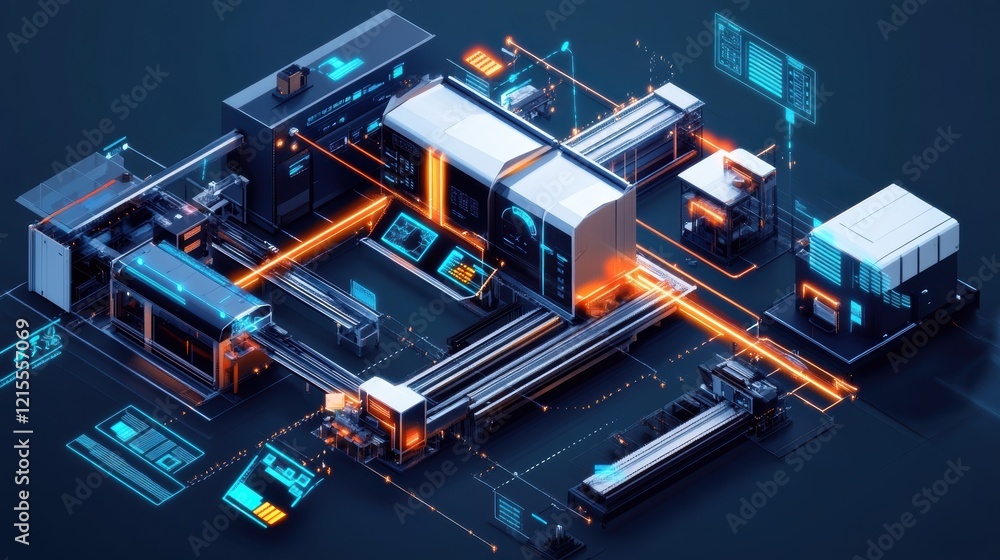 Futuristic isometric view of an automated assembly line managing ...