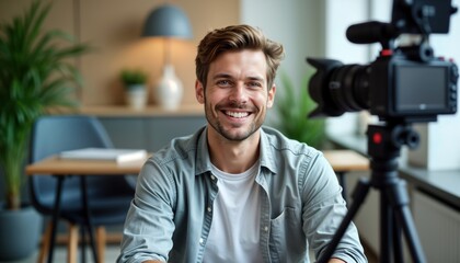 young businessman gives video testimonial in modern office. relaxed, smiling man in casual attire re