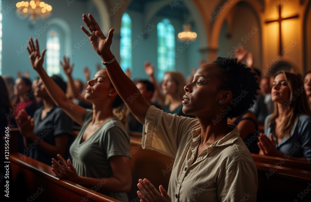 Diverse Group Of People In Church Worshiping Many Hands Raised In diverse-group-of-people-in-church-worshiping-many-hands-raised-in