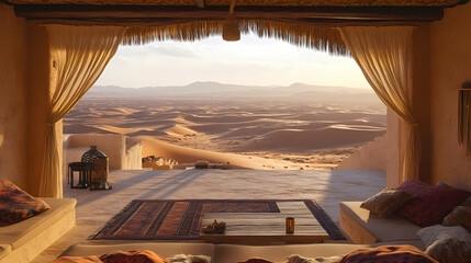 a ksar overlooking a vast desert valley, with panoramic views of distant dunes and a golden horizon.