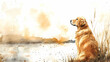 © Thiago - A serene watercolor sketch of a golden retriever gazing thoughtfully towards the horizon on a calm afternoon, capturing the gentle grace and warmth of this beloved breed. Golden Horizon. Illustration