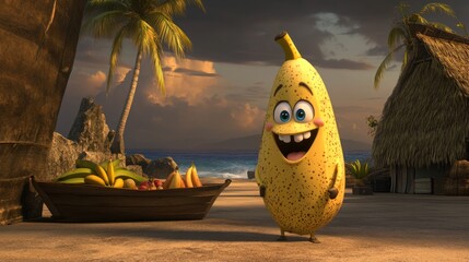 Wall Mural - Happy cartoon banana on tropical beach with fruit boat.