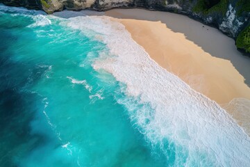 Canvas Print - Aerial view Turquoise waves crashing on secluded beach, cliff backdrop, travel brochure