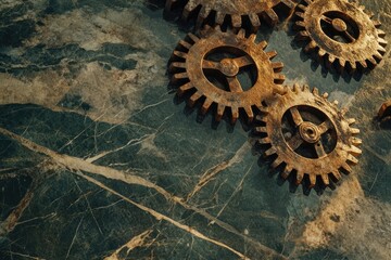 Poster - Rustic bronze gears on a dark marble surface, showcasing intricate details and a sense of aged craftsmanship.