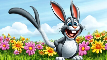 Poster - Happy cartoon rabbit in a field of colorful flowers.