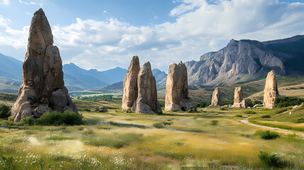 A series of ancient stone towers in a remote valley. Heavenly Valley. Illustration