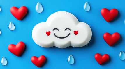 Poster - Happy cloud with hearts and raindrops on blue background.