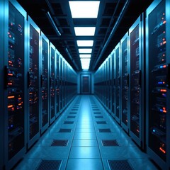 Wall Mural - rows of servers in a modern data center. cool blue lighting illuminates the long corridor of technol