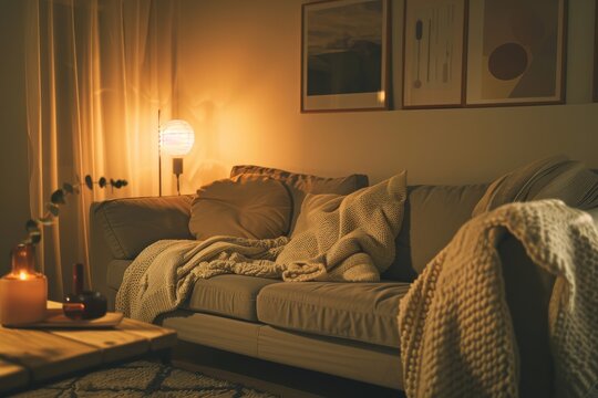 Cozy scandinavian living room with minimalist decor and warm lighting