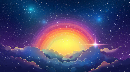 Wall Mural - glittering starry night with a stunning rainbow sunburst in the foreground and a deep indigo sky wit