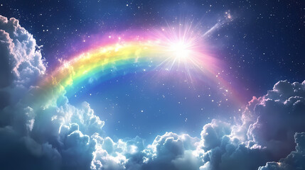 Wall Mural - glittering starry night with a stunning rainbow sunburst in the foreground and a deep indigo sky wit
