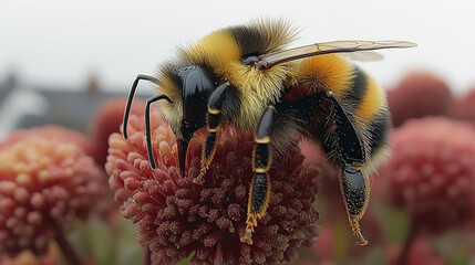 Sticker - Close-up shot of a bumblebee on a vibrant red flower, showcasing intricate details of the insect and bloom in a stunning natural scene.