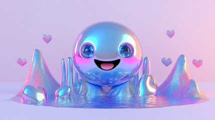 Poster - Happy iridescent 3D character in colorful liquid.