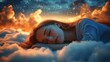 © Ace64 Studio - Adorable girl resting and sleeping among fluffy clouds.