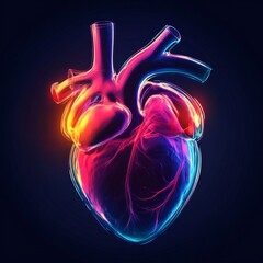neon light glowing heart: vibrant digital art of human organ anatomy