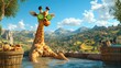 © O - Relaxed giraffe enjoys spa day in scenic countryside setting with cucumber eye pads