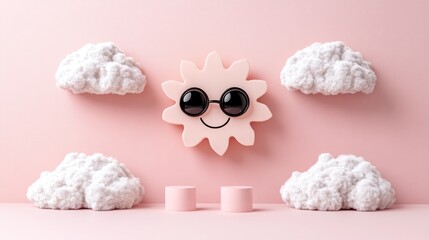 Poster - Happy sun with clouds and pink podium on pink background.