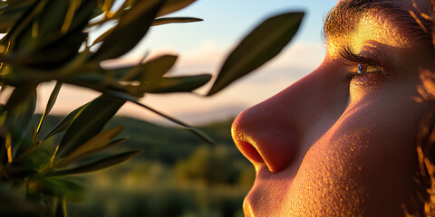 Wall Mural - Close-up of Face and Olive Branches at Sunset