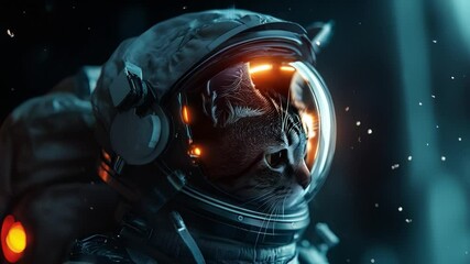 Wall Mural - a cat wearing a space suit and a bright helmet floats in a cosmic setting, surrounded by stars and c